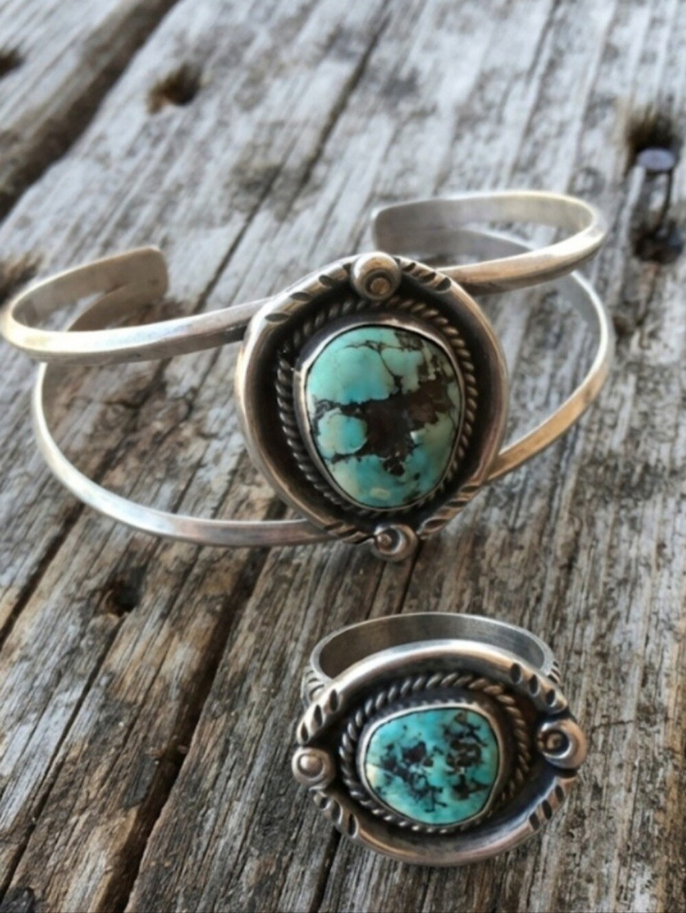 Sterling Silver Vintage Turquoise Cuff & Ring SET - Picture 1 of 16